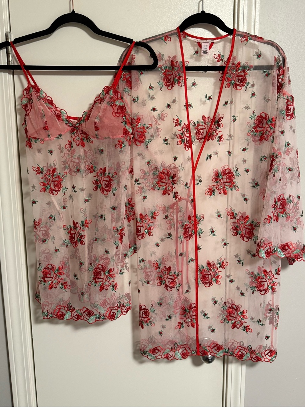 Victoria's Secret Slip & Robe Set Rose Embroidered Sheer Mesh Lingerie S